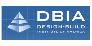 Logo of the Design-Build Institute of America (DBIA) featuring a blue pyramid shape and white text on a blue grid background.