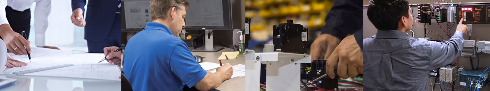 Collage showing professionals working: hands sketching on paper, a man drawing at a desk with monitors, hands assembling mechanical parts, and a man adjusting an industrial control panel.