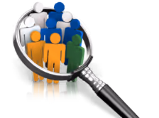 Magnifying glass highlighting a group of stylized human figures in orange, blue, white, and green colors.