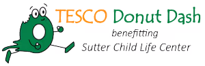 Tesco Donut Dash logo with a green cartoon donut character running, benefitting Sutter Child Life Center.
