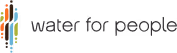 Water For People logo featuring three stylized figures in orange, blue, and green with water droplets.