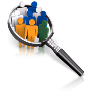 Magnifying glass focusing on colorful human figures representing diversity and team analysis.