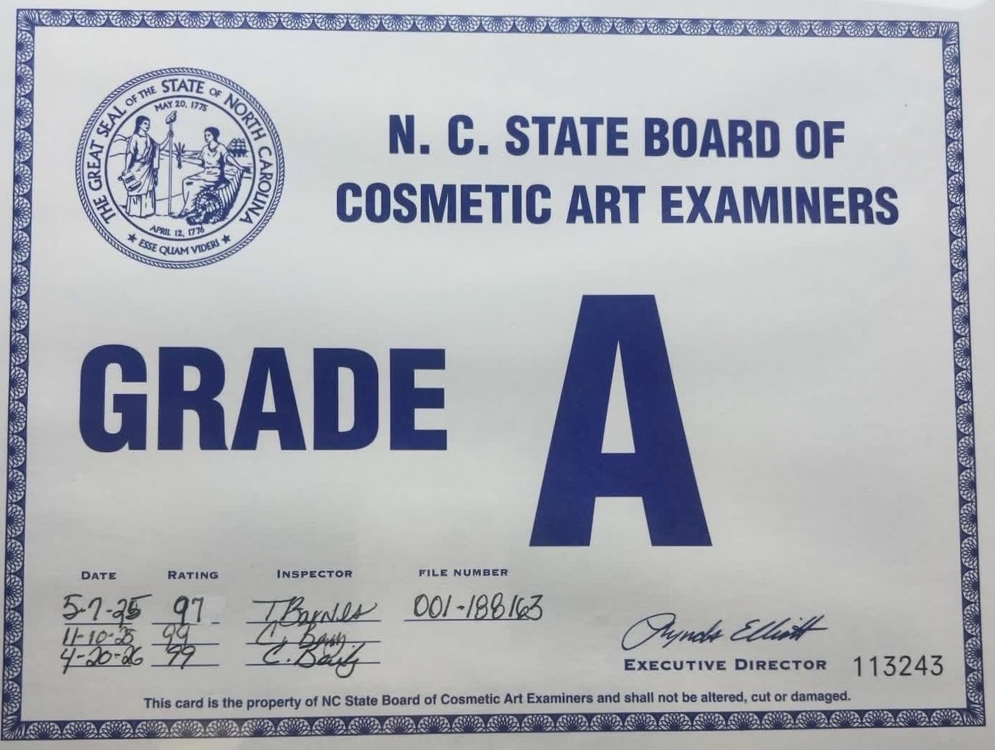 Grade A certificate from NC Board