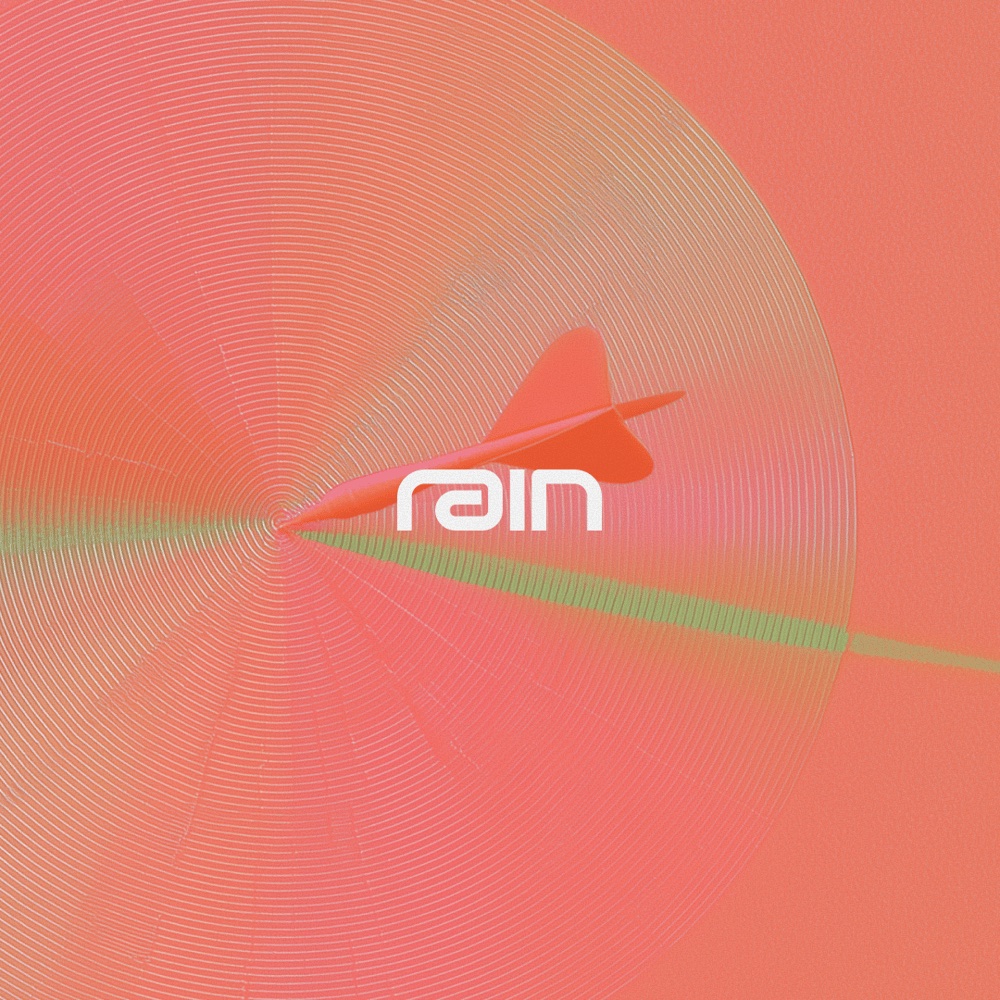 Rain logo over a pink dart in flight, for Flight Club with Rain