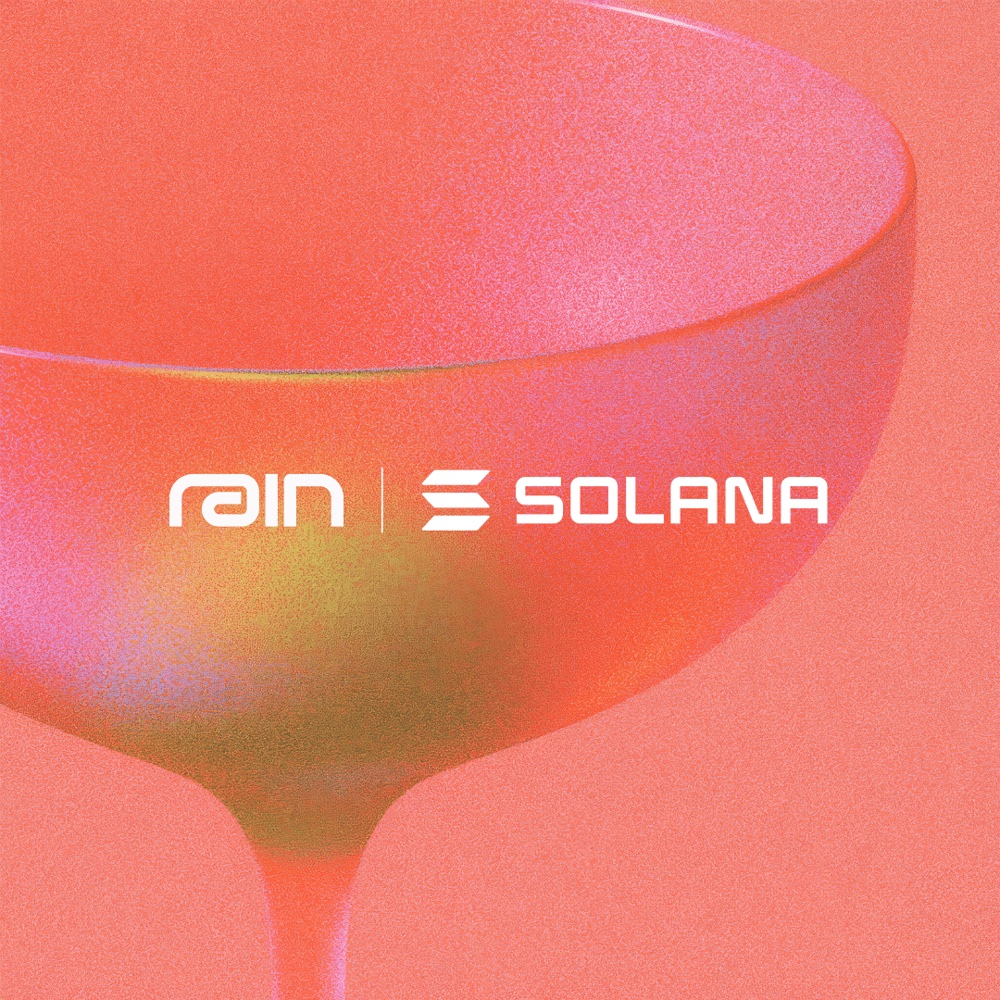 Rain and Solana logos over a pink coupe glass, for Money Moves & Martinis