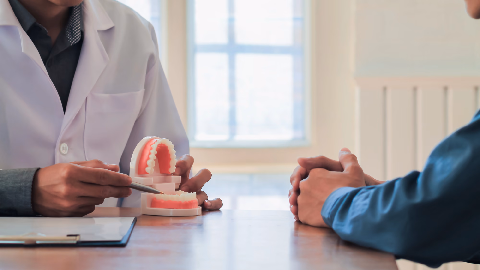 Dentist presenting a dental model while discussing smile design with a patient.