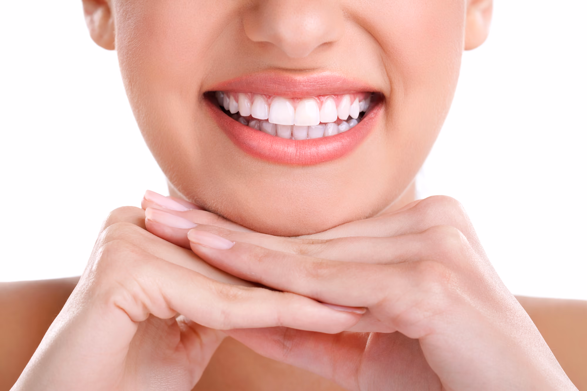 Close-up of a bright, healthy smile with white teeth.