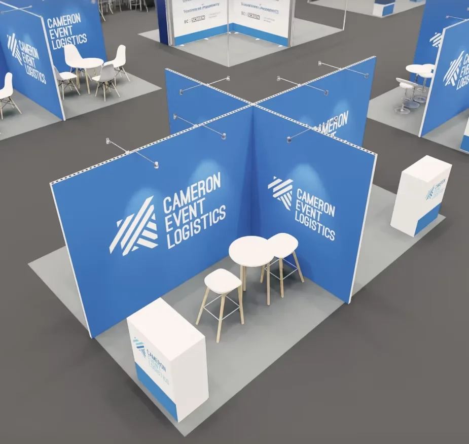 An open-plan AluVision exhibition stand with integrated fabric graphics on a conference show floor.