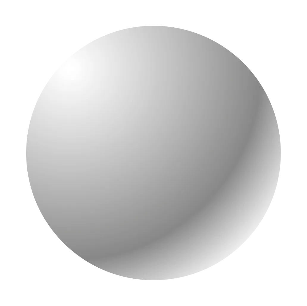 Smooth metallic silver sphere with gradient shading and reflective light spots.