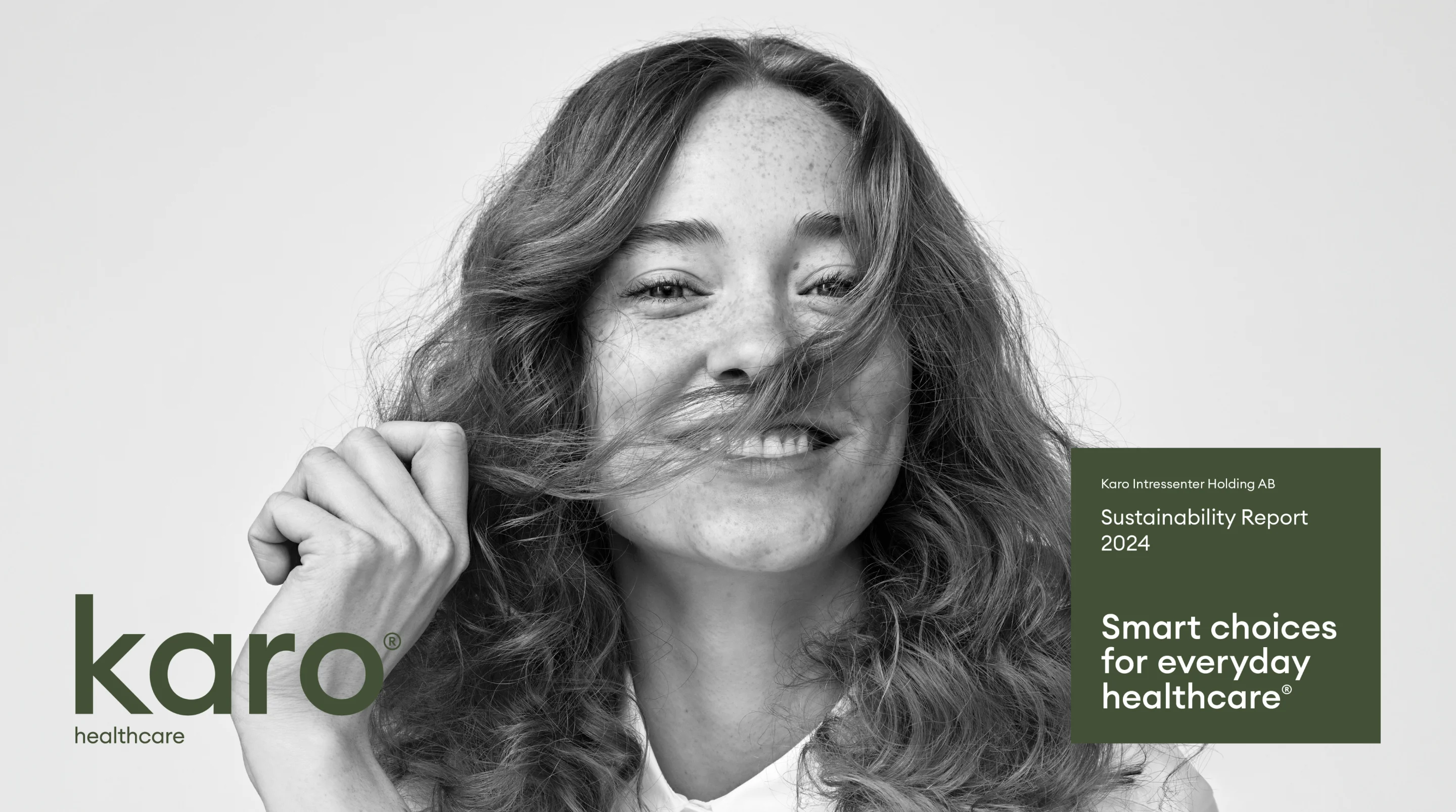 Smiling woman with curly hair partially covering her face with a strand of hair, alongside text about Karo healthcare Sustainability Report 2024.