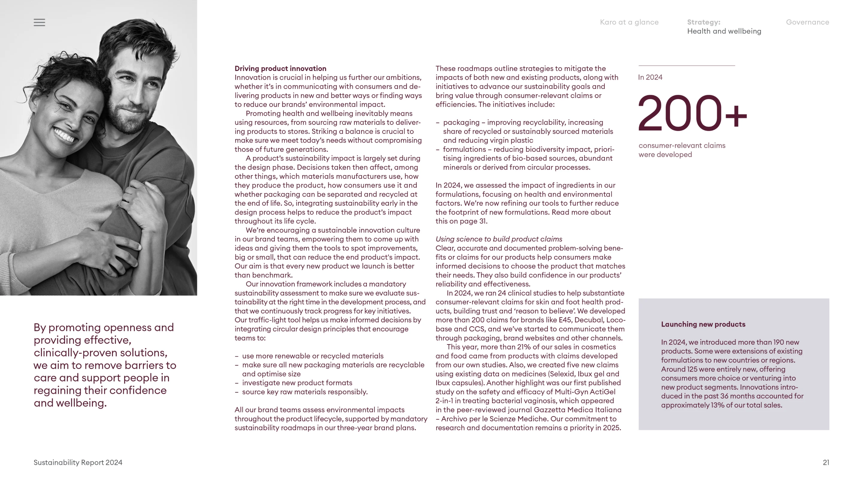 Black-and-white photo of a smiling couple embracing on the left side of a sustainability report page discussing health and wellbeing, innovation, and product claims for 2024 with over 200 consumer-relevant claims developed.