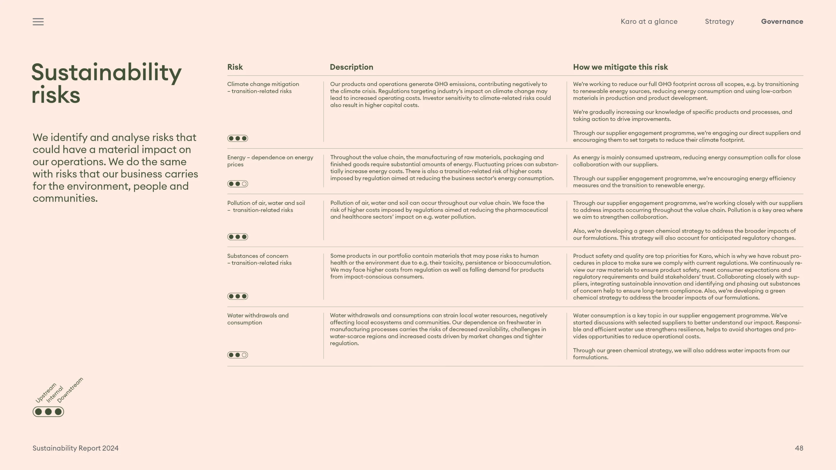 Table listing sustainability risks including climate change, energy dependence, pollution, substances of concern, and water consumption, with descriptions and mitigation strategies.