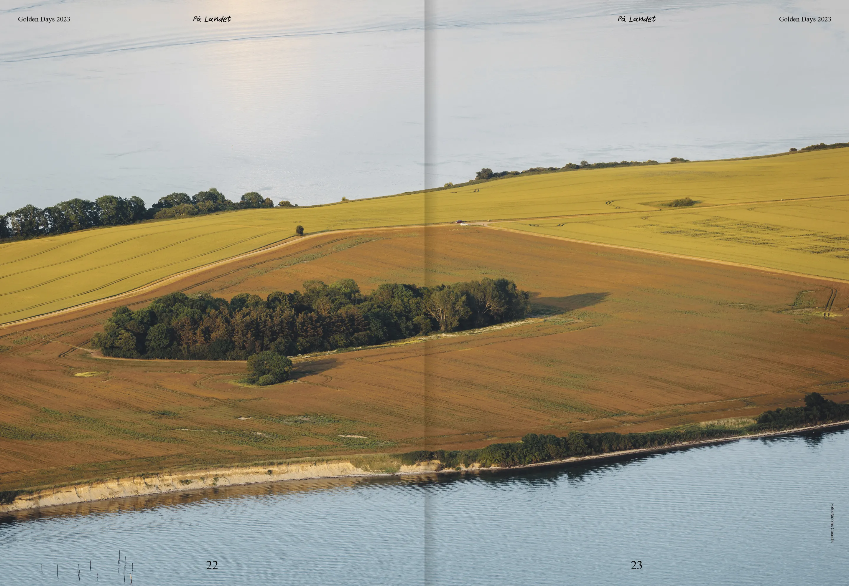 Aerial view of farmland by a calm body of water with green and brown fields and patches of trees.