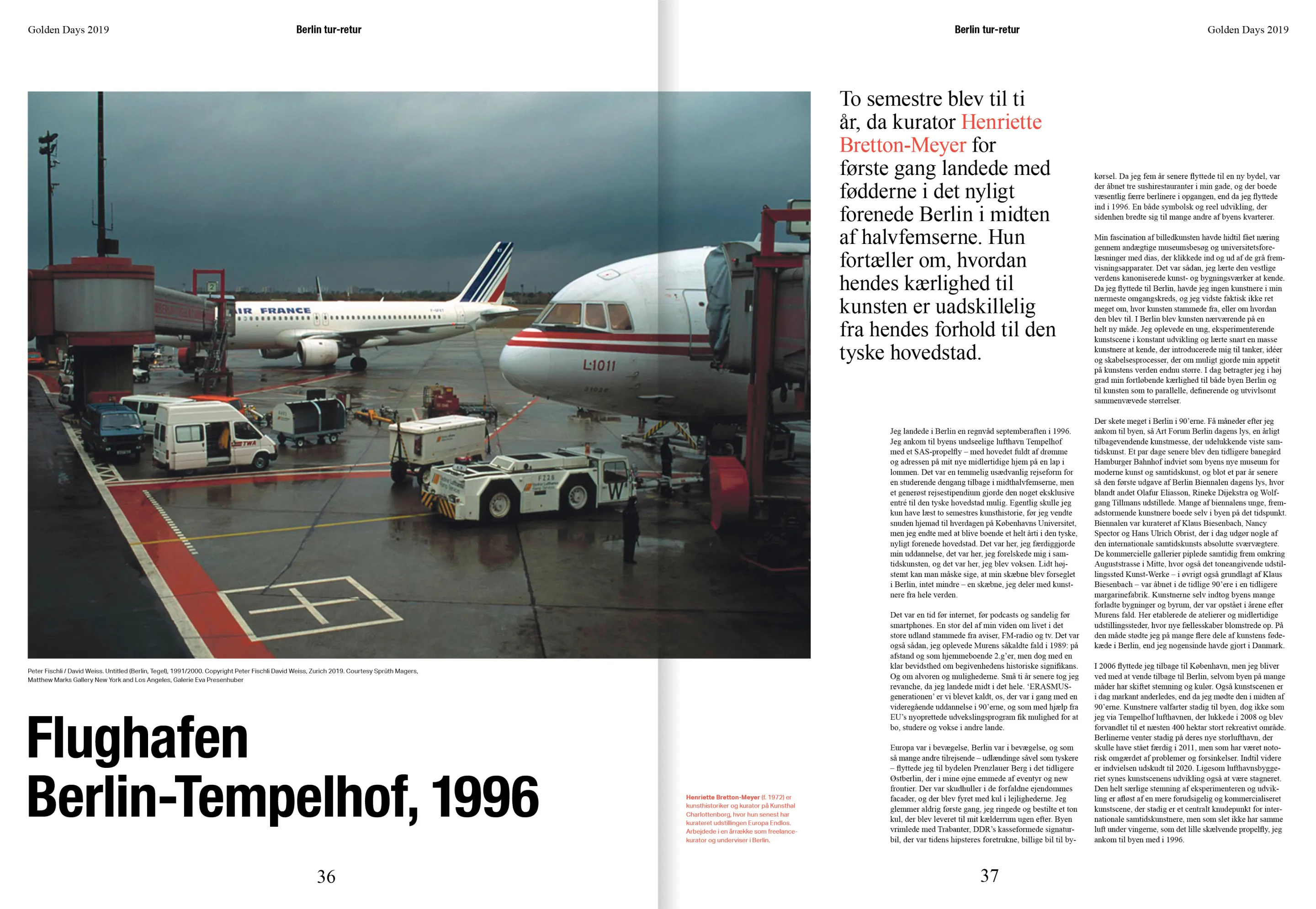 View of airplanes at Berlin-Tempelhof airport tarmac with ground service vehicles under a cloudy sky in 1996.