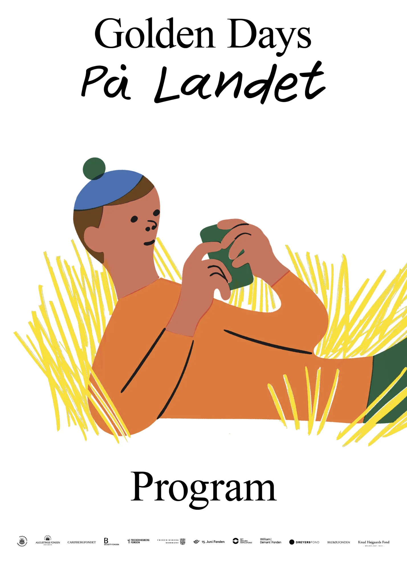Illustration of a person in an orange shirt and blue hat lying in yellow grass using a green smartphone under the text 'Golden Days På Landet Program'.