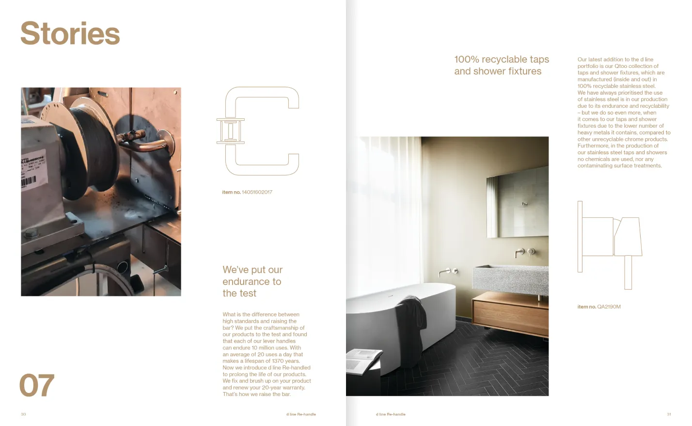 Two-page spread showing durability testing of tap handles on left and a modern bathroom with recyclable taps and shower fixtures on right.