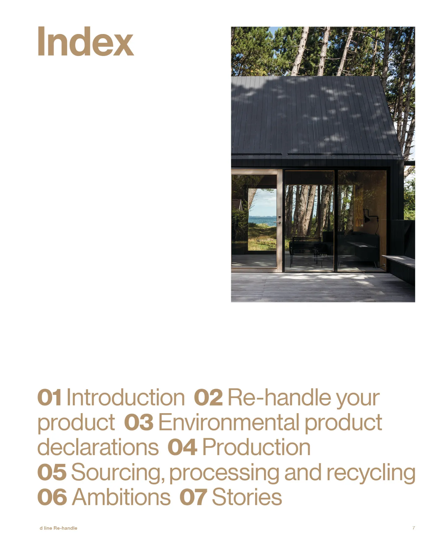 Page titled 'Index' with a modern black cabin surrounded by trees and a view of the sea in the background, listing sections 01 to 07 covering introduction, product re-handling, environmental declarations, production, sourcing and recycling, ambitions, and stories.