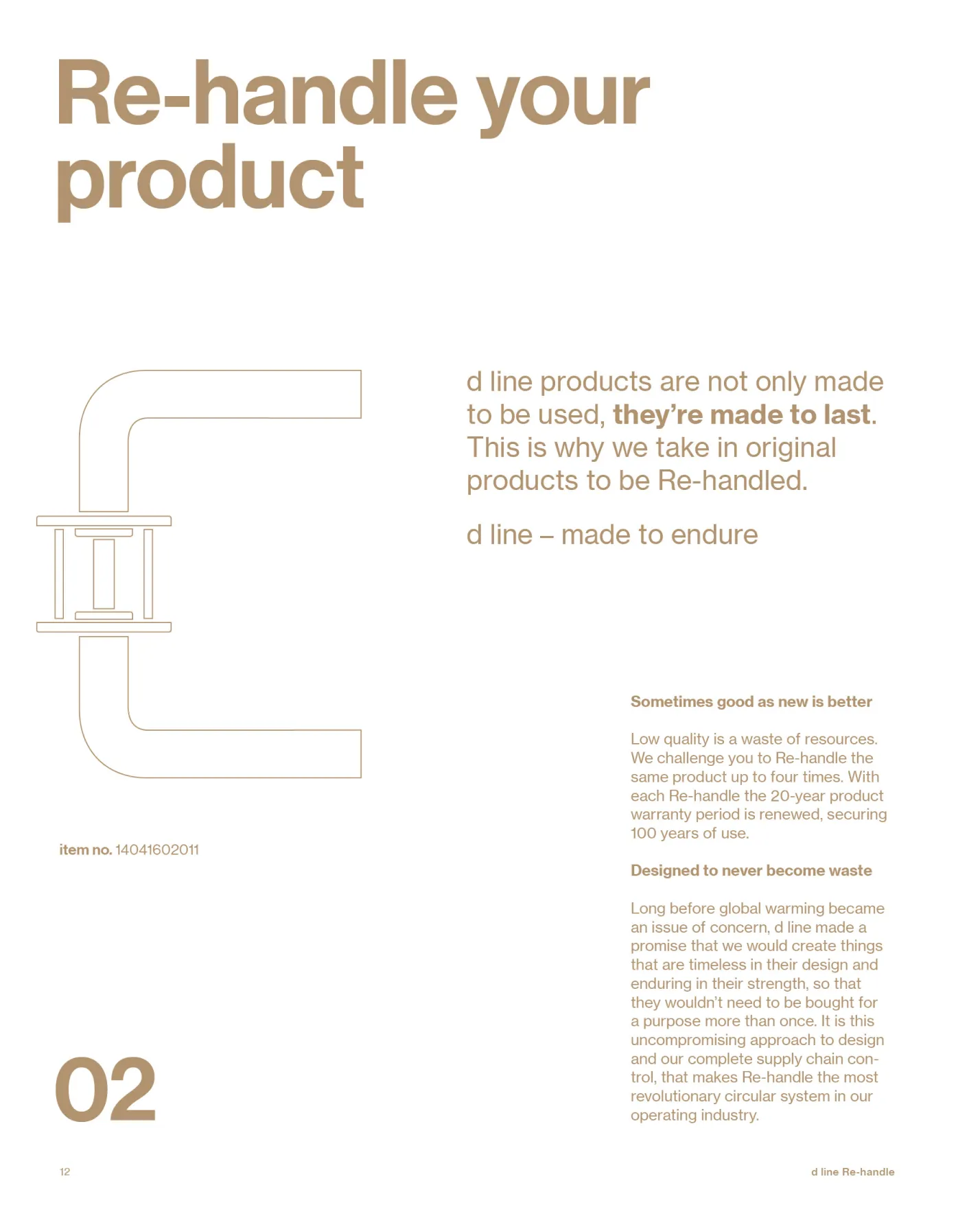 Page titled 'Re-handle your product' with a pipe clamp illustration and text explaining d line products are made to last and can be re-handled up to four times.