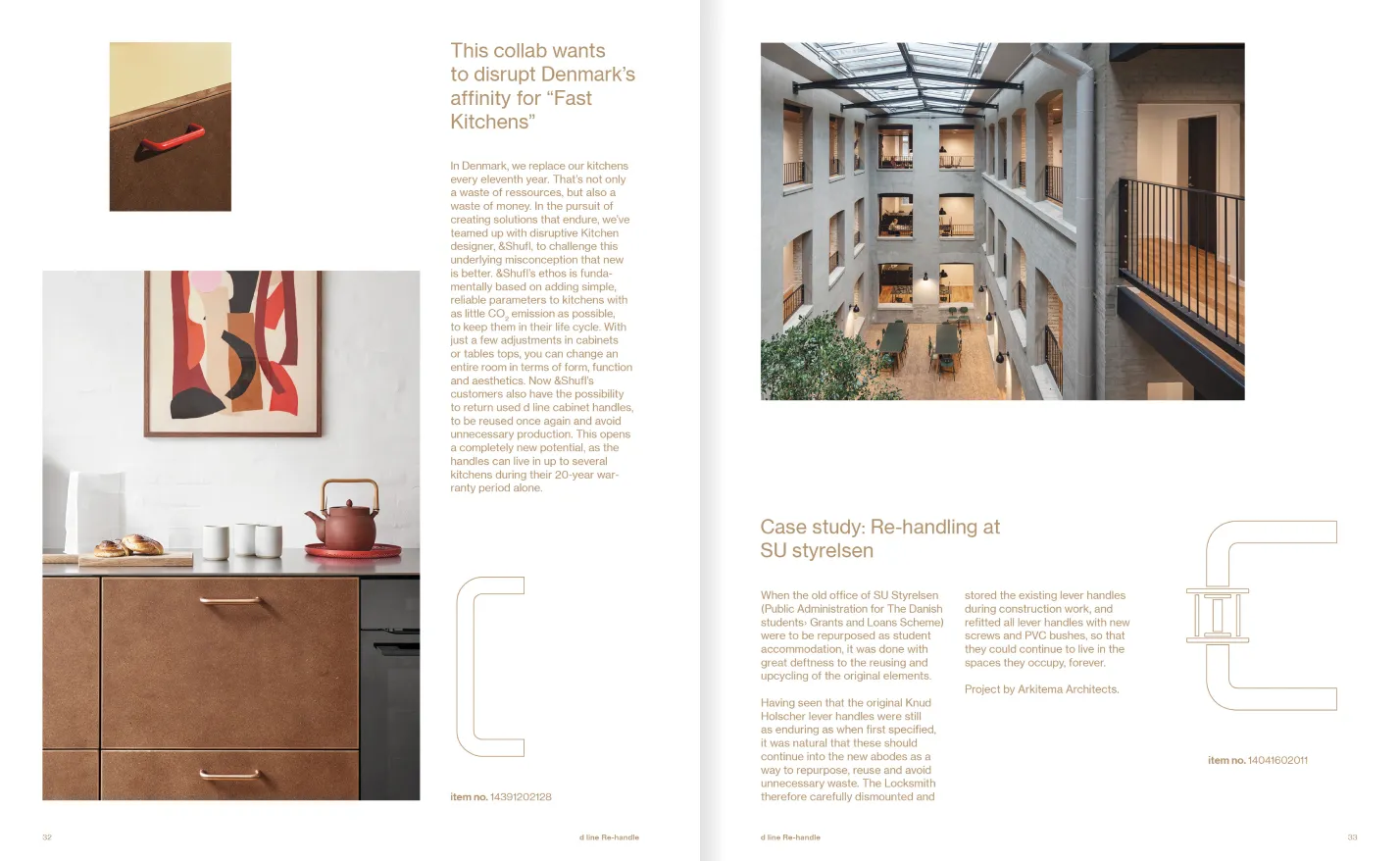 Two-page spread showing sustainable kitchen cabinet handles and a modern interior space in a case study for re-handling at SU Styrelsen.