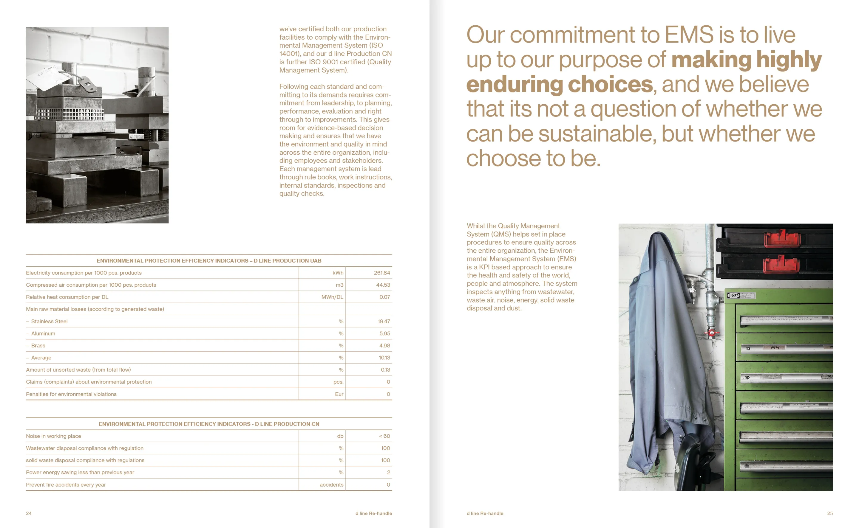 Two-page spread with environmental management and protection data; left page shows stacked metal molds and efficiency tables, right page features a coat hanging beside a green toolbox with red containers, plus text about commitment to EMS and sustainability.