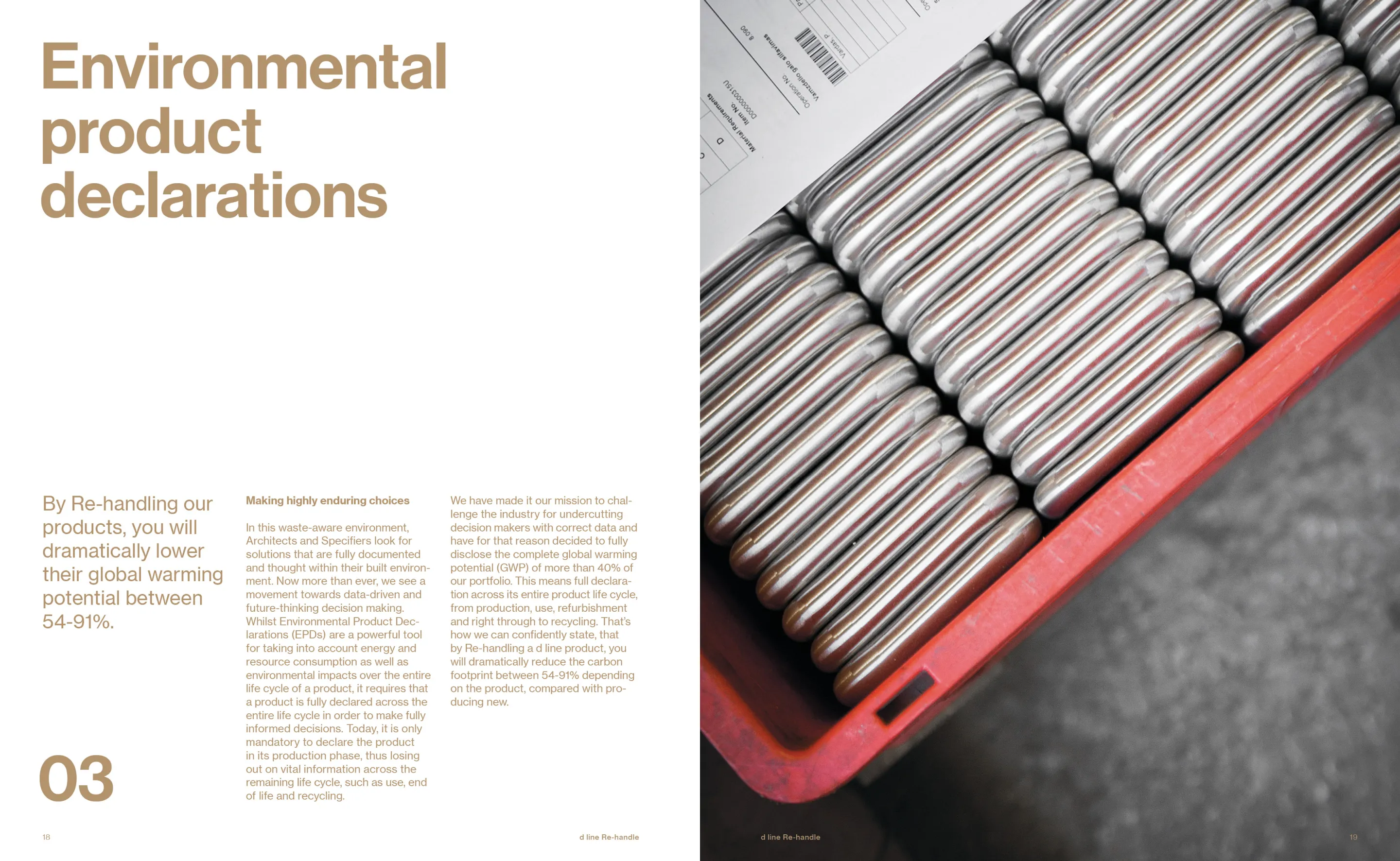 Pages of a report with the title 'Environmental product declarations' and text about reducing global warming potential by re-handling products, alongside a photo of neatly stacked metal cylindrical objects in a red container.