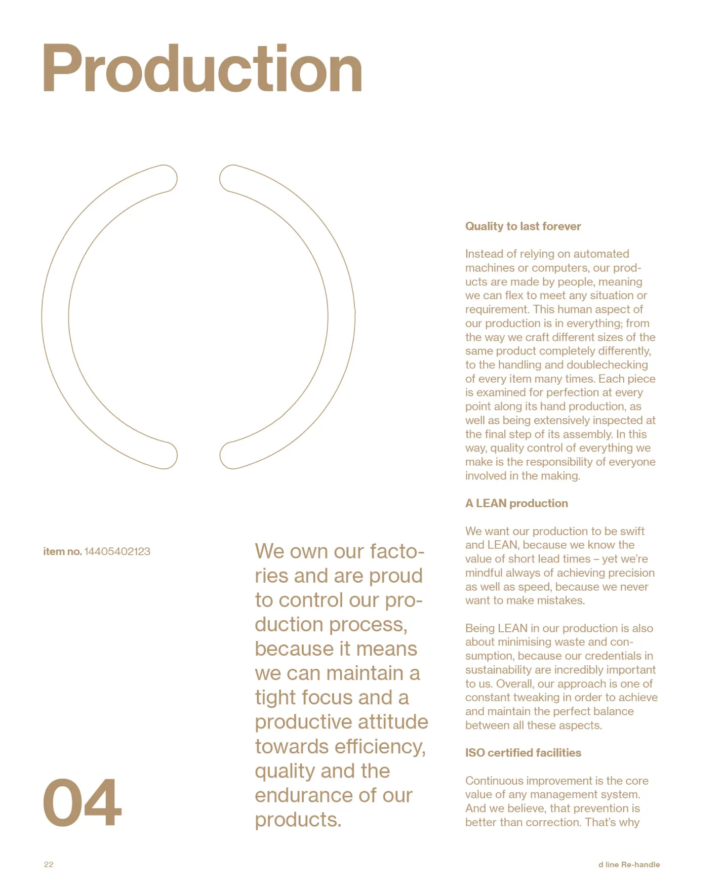 Page titled 'Production' describing the control and pride in their production process, emphasizing efficiency, quality, and endurance of products, with sections on quality, lean production, and ISO certified facilities.