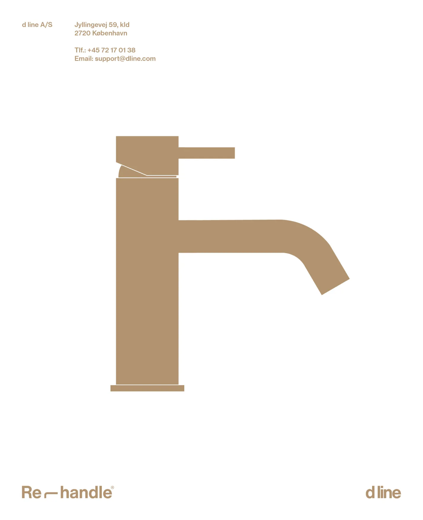 Simplified brown illustration of a modern single-handle faucet on a white background with contact info and d line branding.