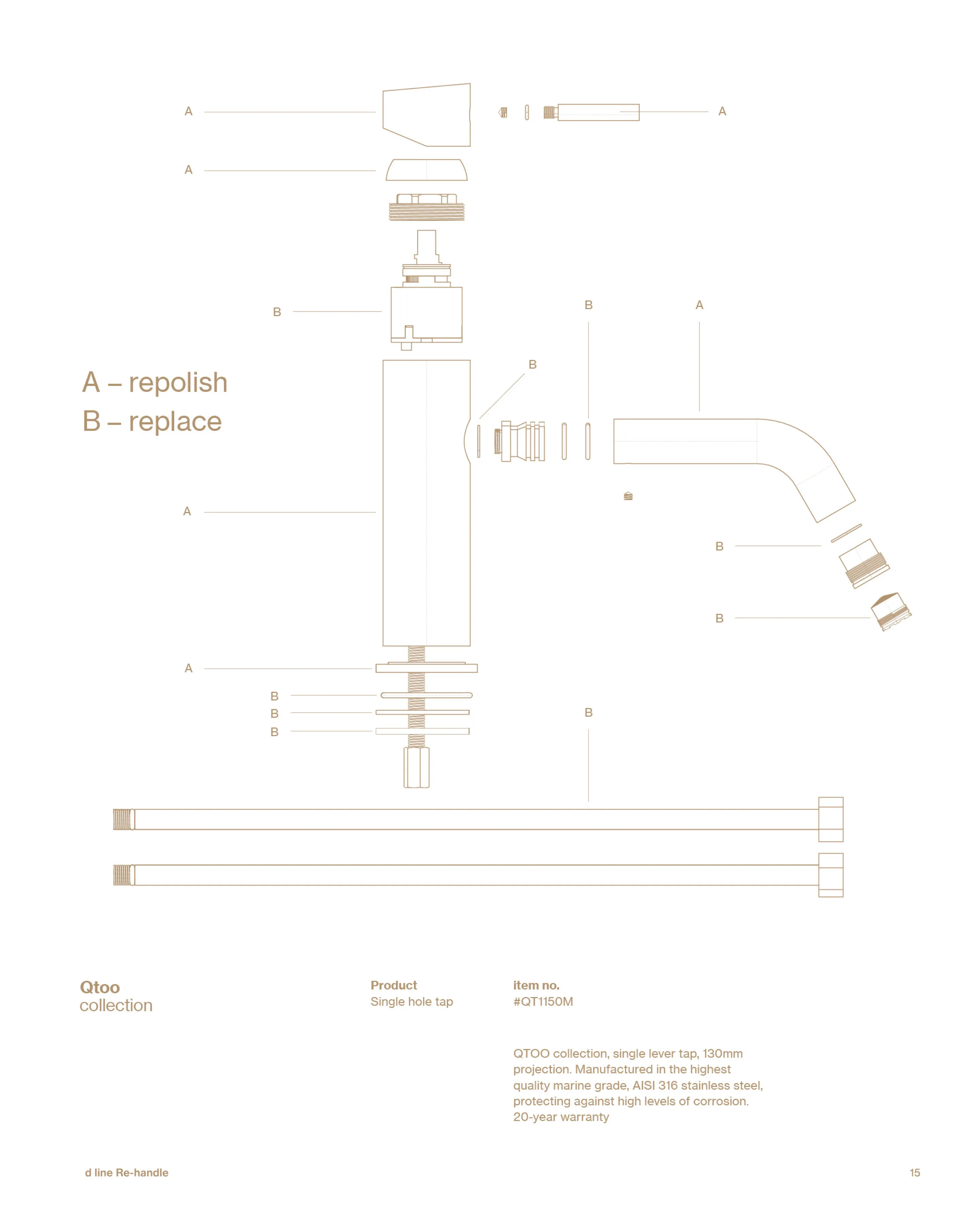 Exploded technical diagram of a Qtoo single hole tap from the d line Re-handle collection showing parts labeled for repolish (A) and replace (B), with product details and warranty information.