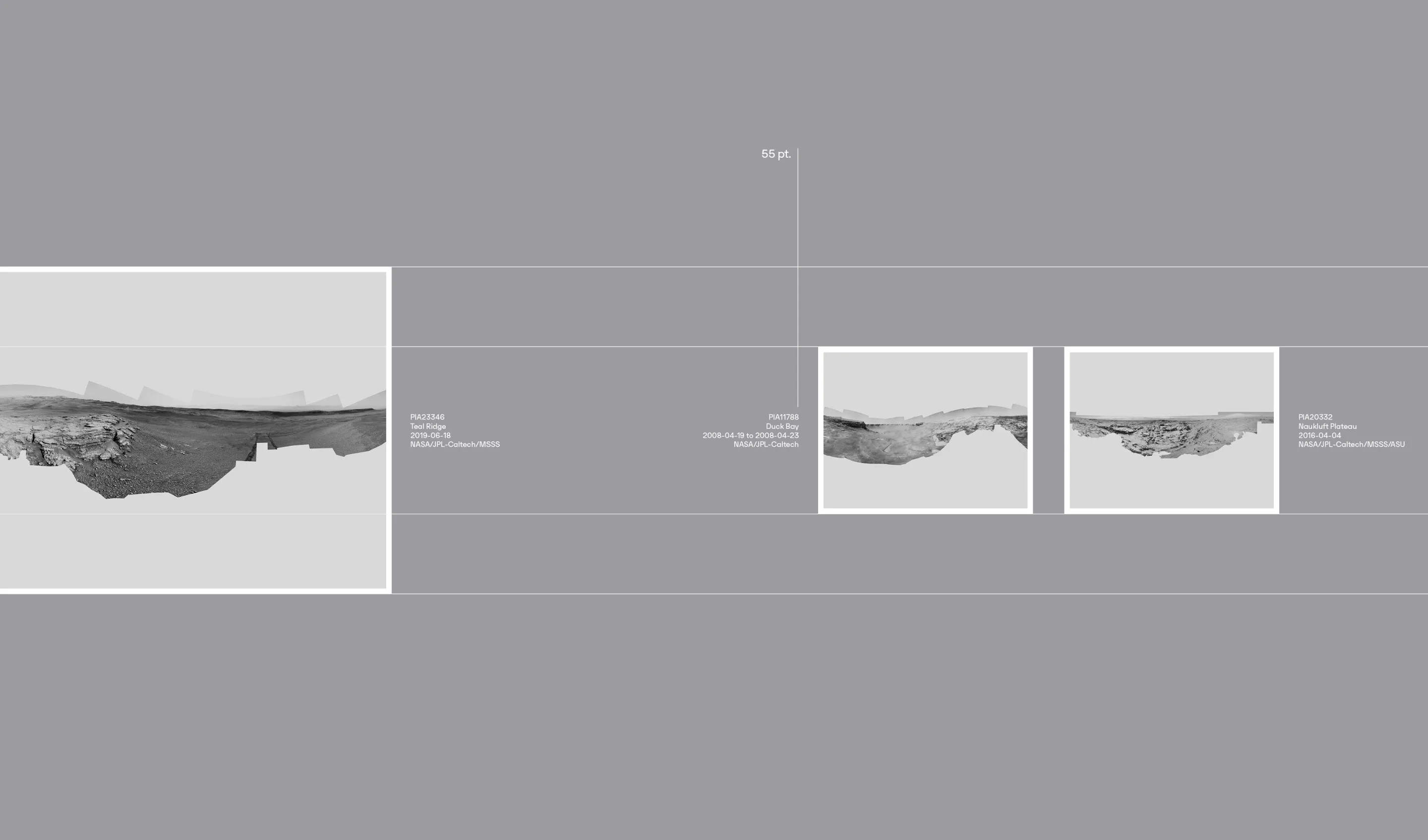 Three panoramic images of Martian surface landscapes with labeled locations and dates.