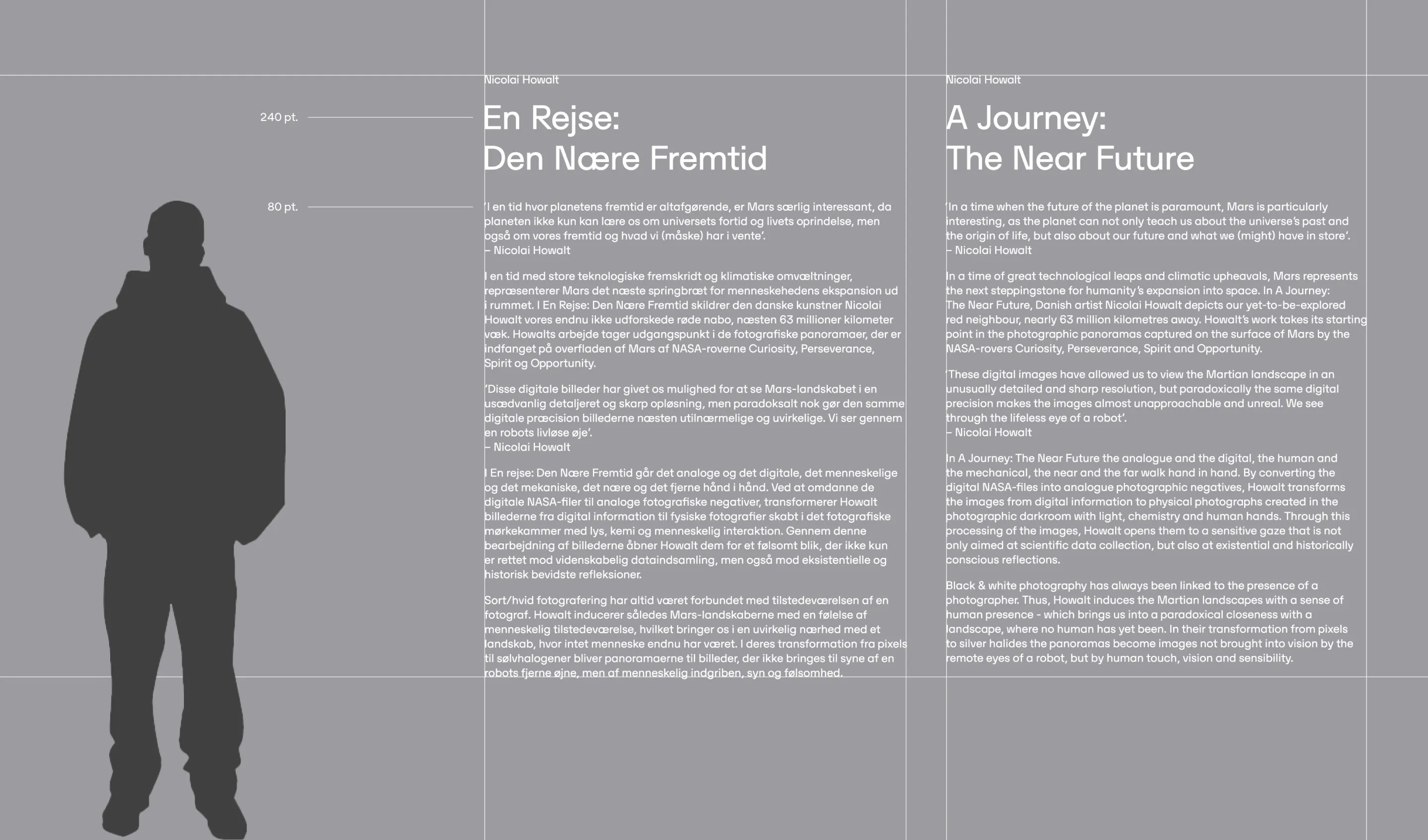 Silhouette of a person on the left and a bilingual block of text titled 'A Journey: The Near Future' in English and Danish about Mars exploration and photographic art on the right.