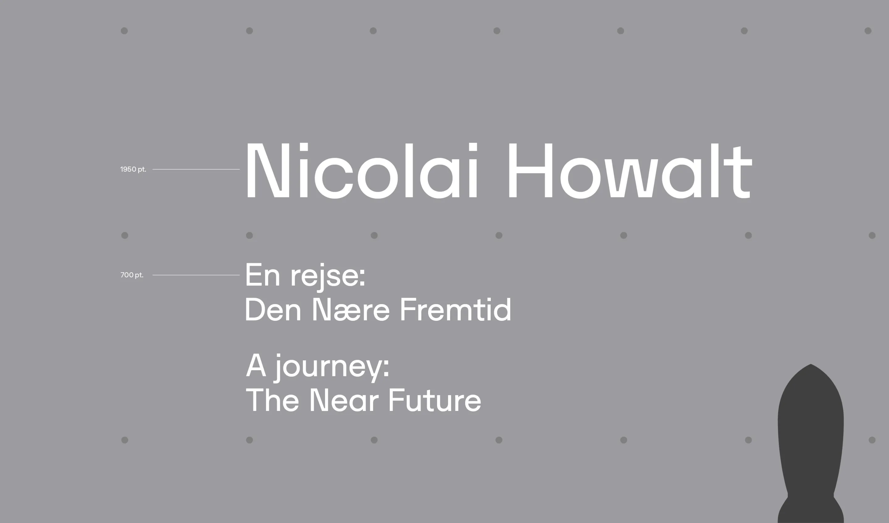 Text with the name Nicolai Howalt, and the bilingual title 'En rejse: Den Nære Fremtid' and 'A journey: The Near Future' on a grey background with a silhouette of a bomb at the bottom right.