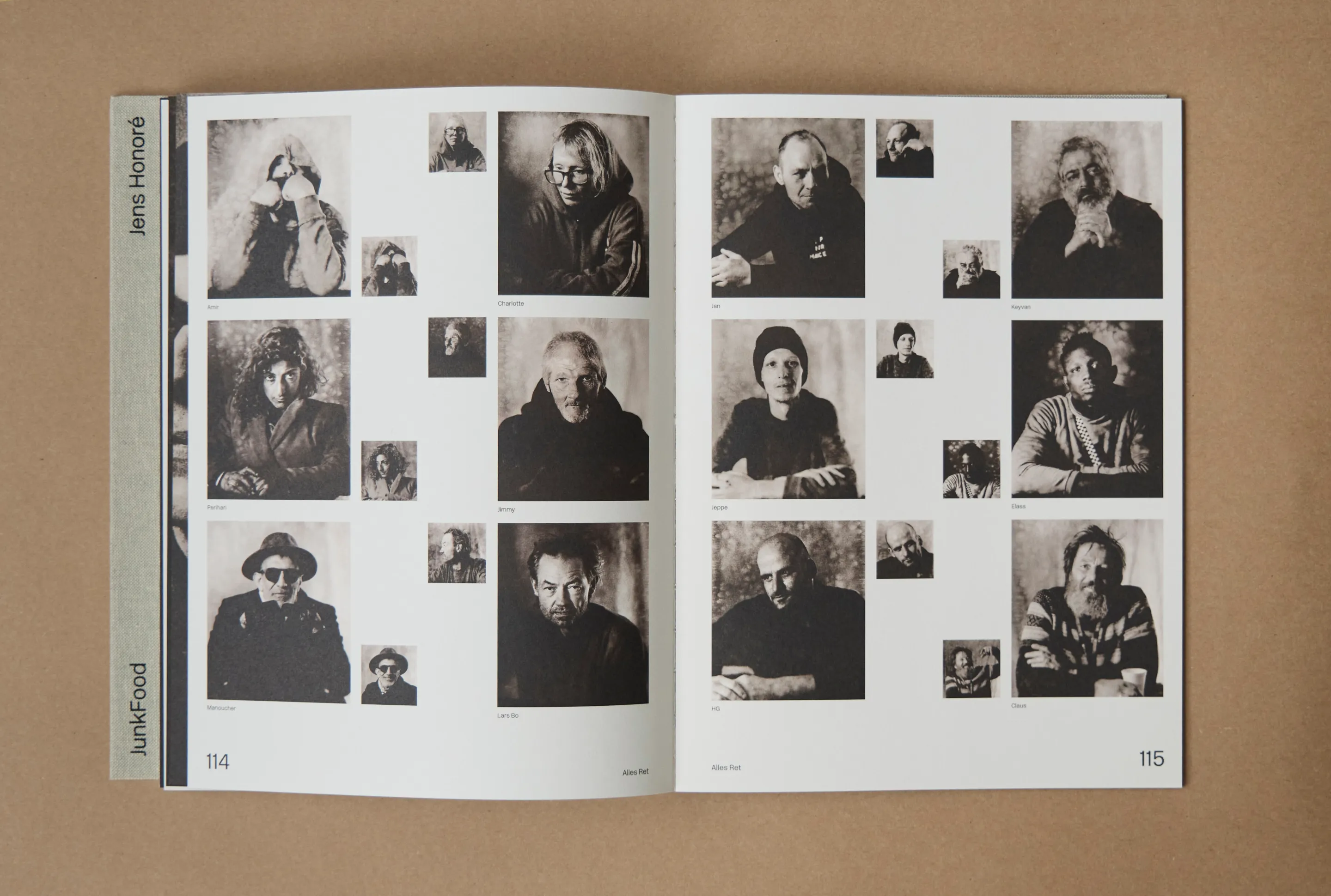 Open magazine spread featuring black and white portrait photographs of various individuals, each with a name caption underneath.