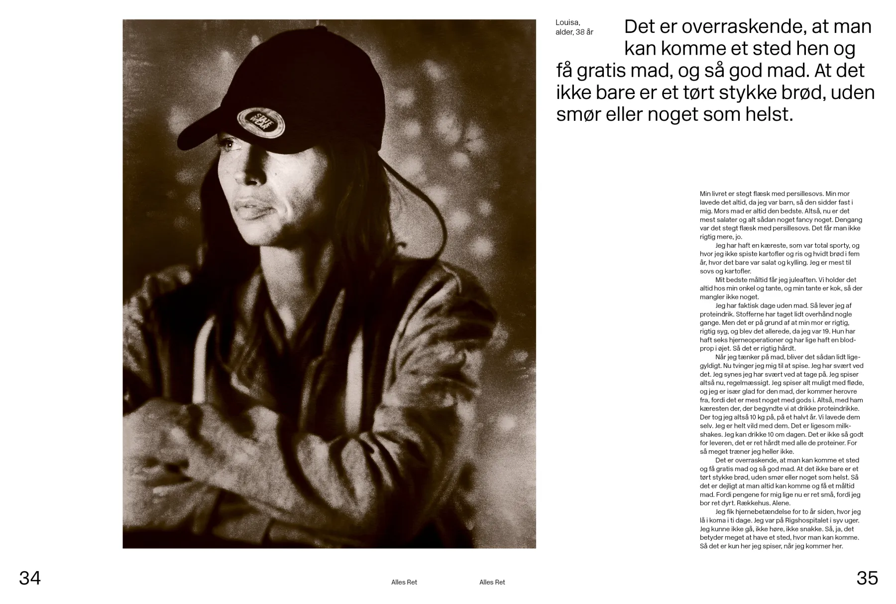 Black-and-white photo of a thoughtful woman wearing a baseball cap and jacket with her arms crossed.