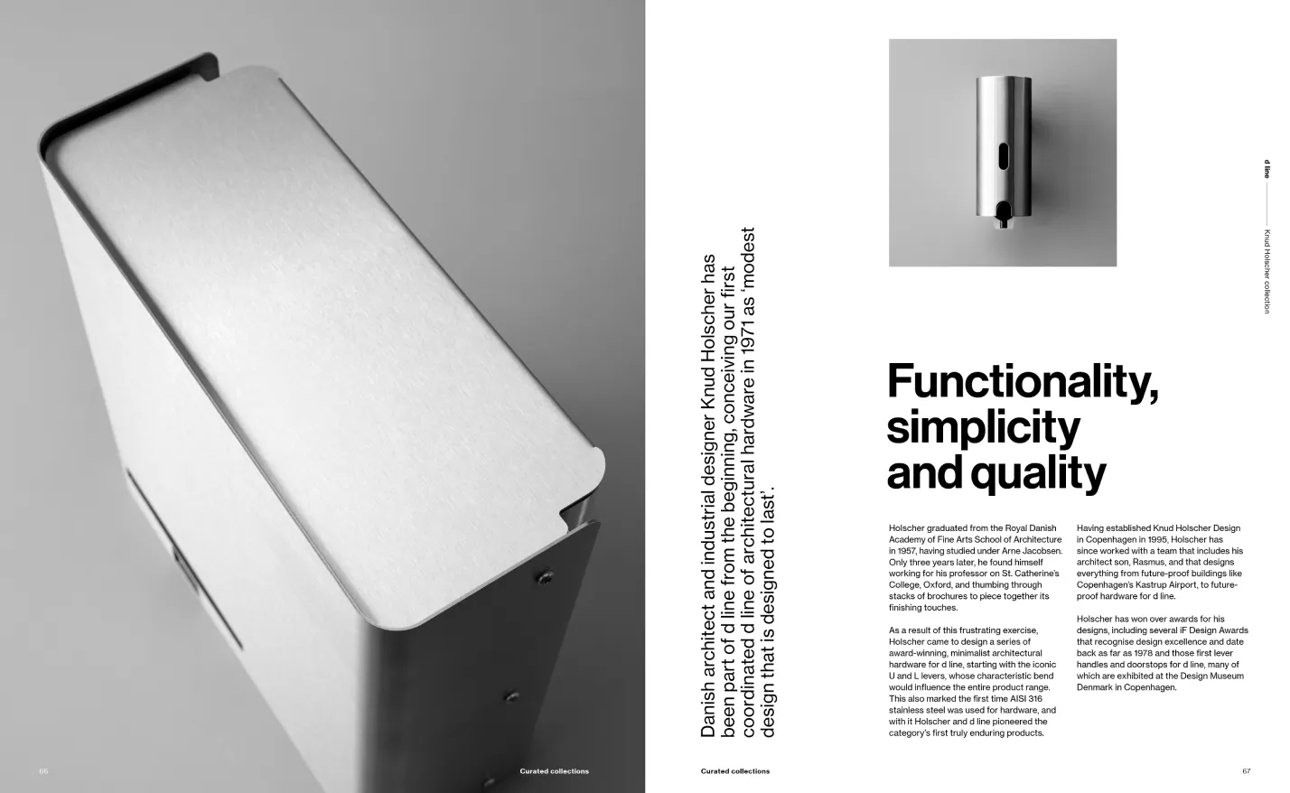 Close-up photograph of a sleek, modern stainless steel hardware piece, paired with text about Knud Holscher's design philosophy and history.