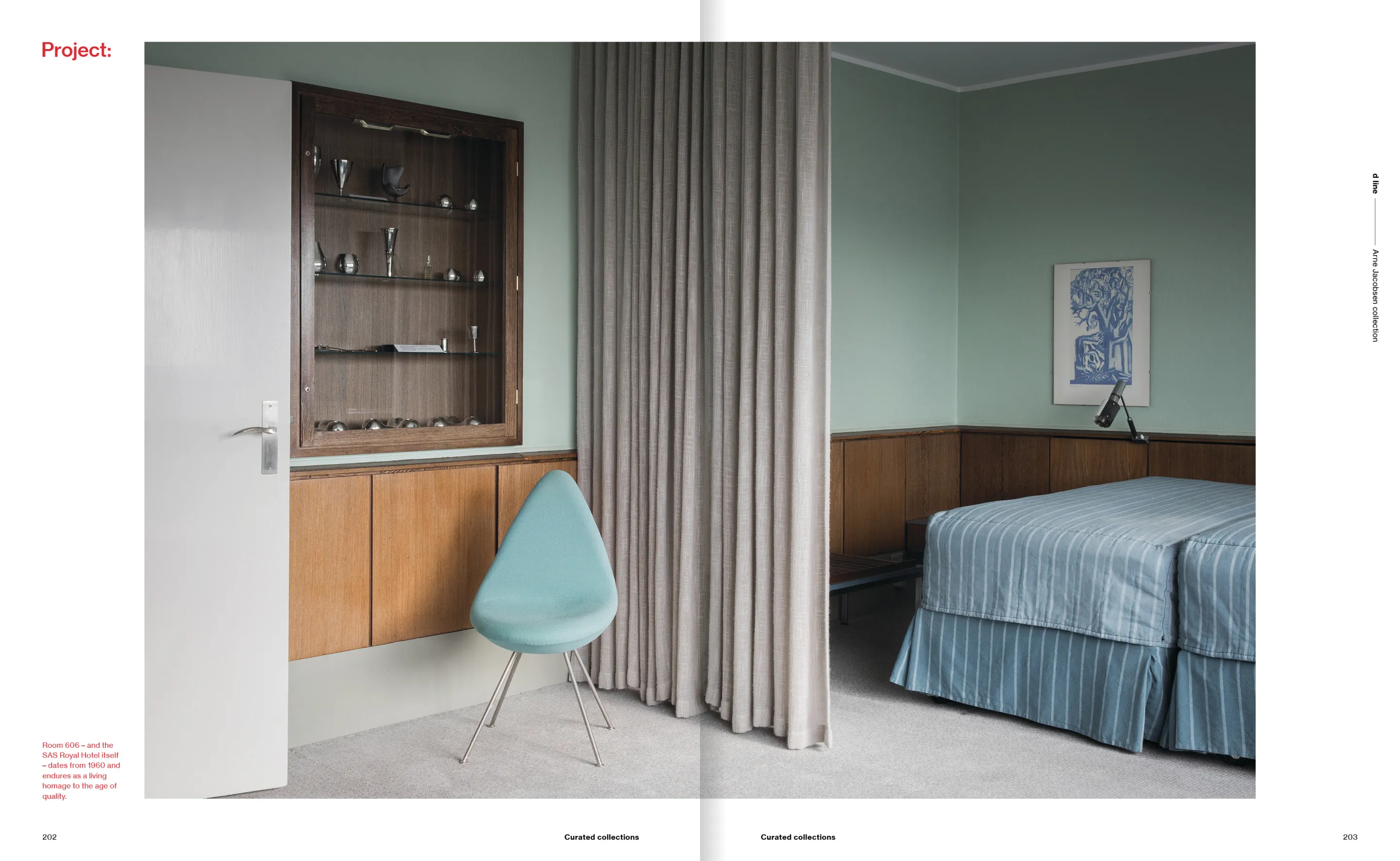 Room 606 in SAS Royal Hotel with mid-century design featuring a light blue chair, striped bedcovers, wooden paneling, and a display cabinet with small silver items.