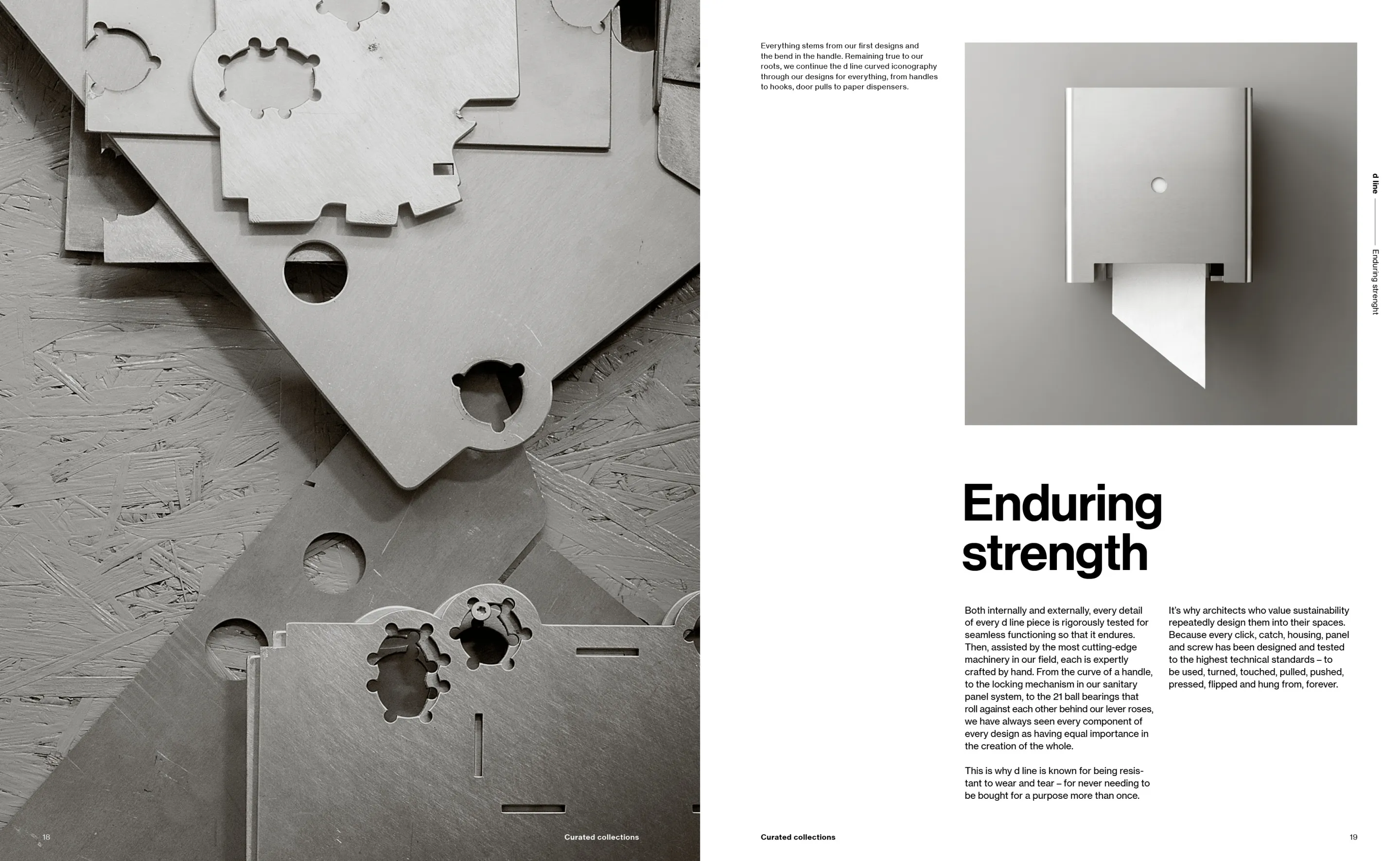 Open pages of a brand book showing detailed metal parts on the left and a paper dispenser image with text describing durable design on the right.