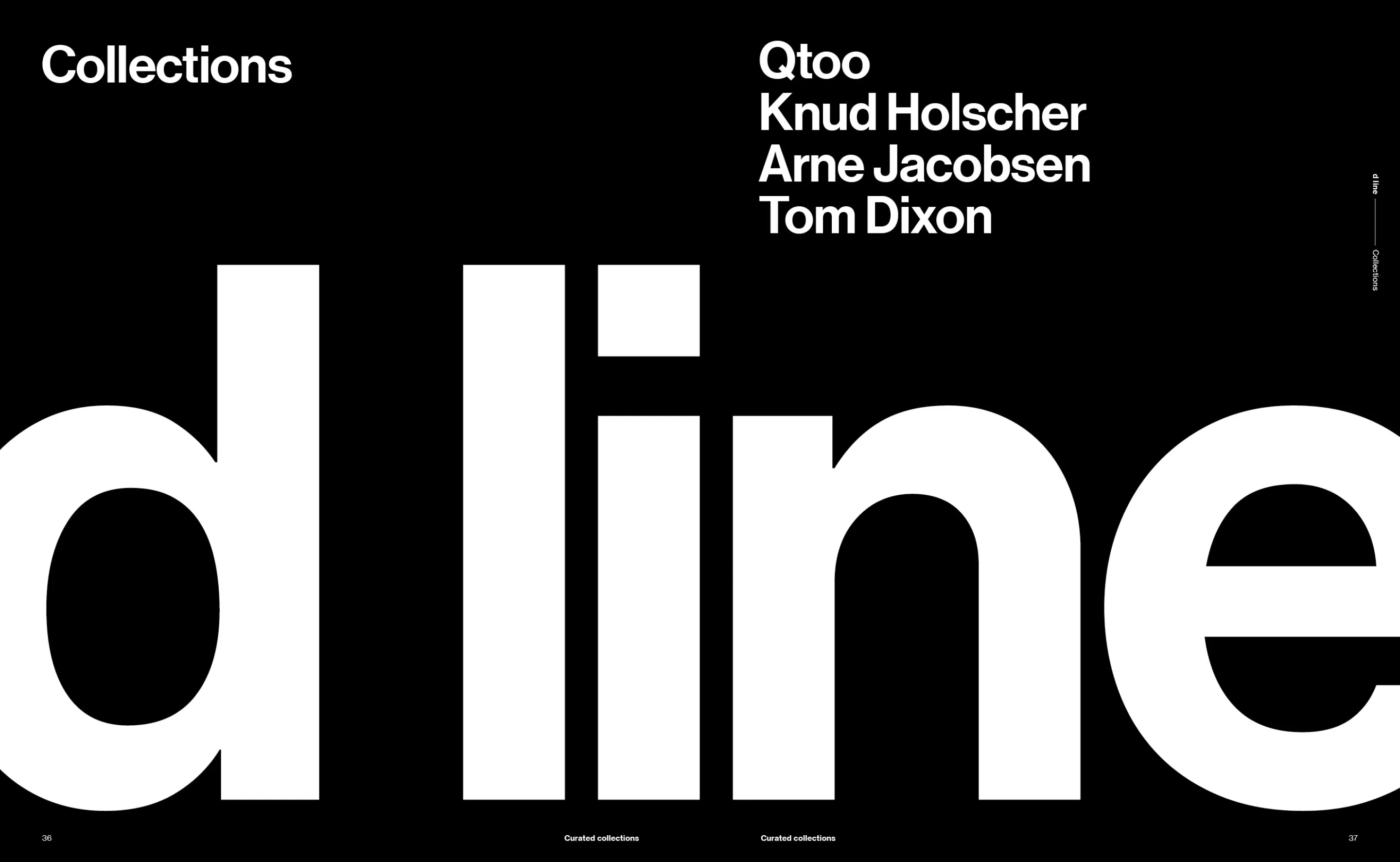 Black background with large white text 'dline' partially visible and smaller text listing collections by Qtoo, Knud Holscher, Arne Jacobsen, and Tom Dixon.