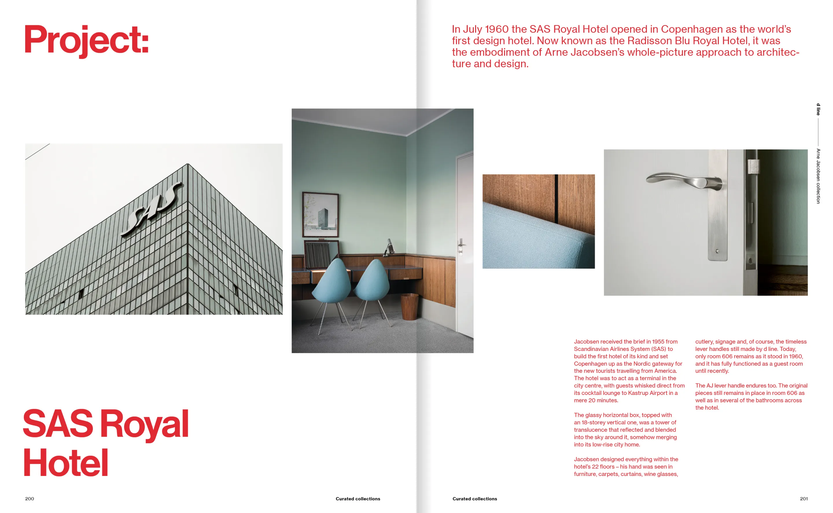 SAS Royal Hotel building corner with glass panels and SAS logo; interior room with two blue chairs and wooden desk; close-ups of blue fabric and silver door handle.