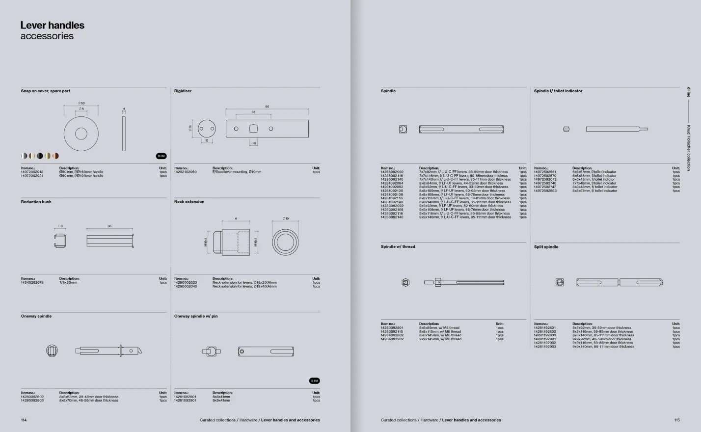 Technical diagrams and specifications of lever handle accessories including snap on cover, rigidiser, reduction bush, neck extension, spindle variations, and toilet indicator spindles with dimensions and item numbers on a two-page catalog spread.