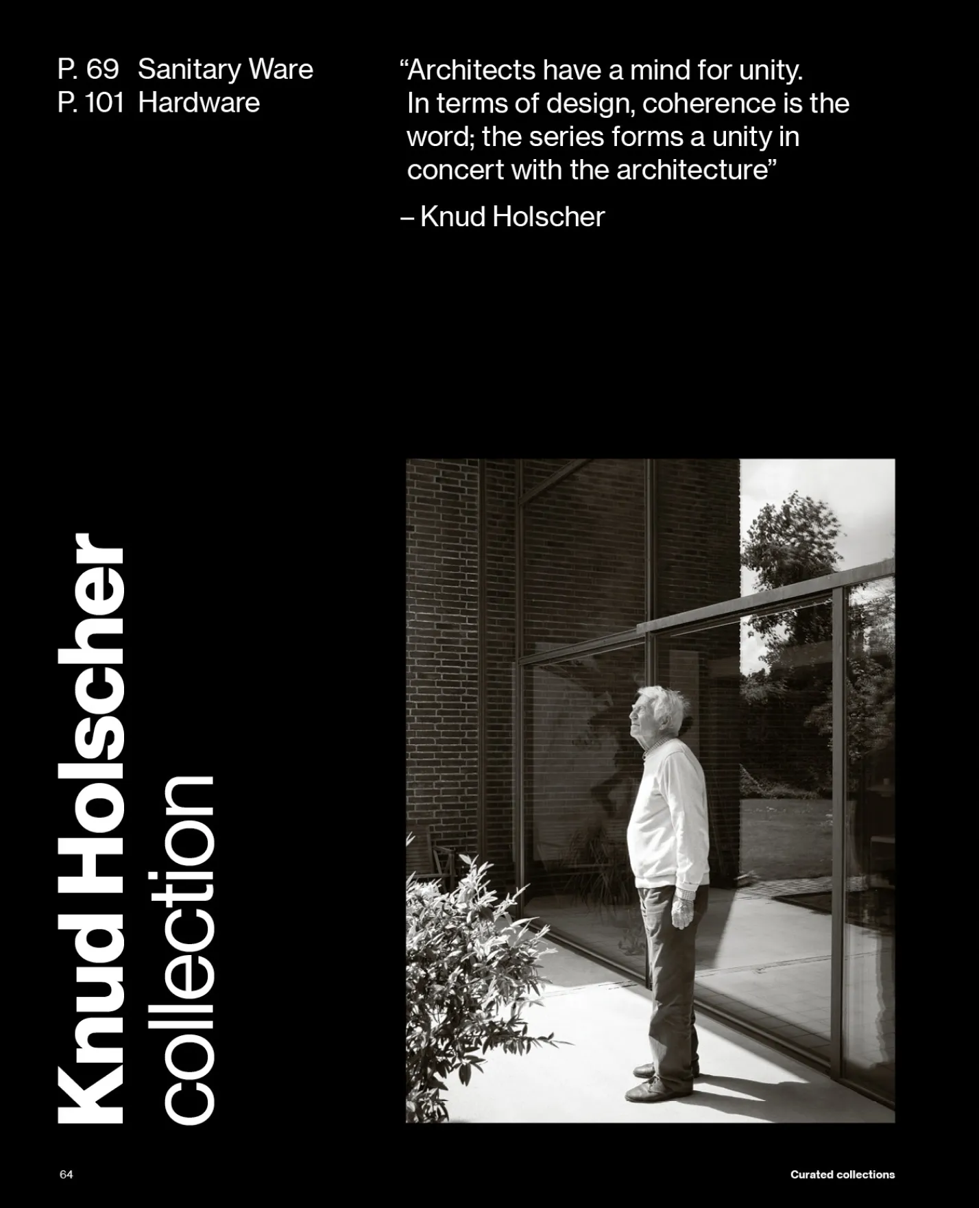 Black and white photo of elderly man standing outside a modern building with large glass windows and brick walls, looking upwards.