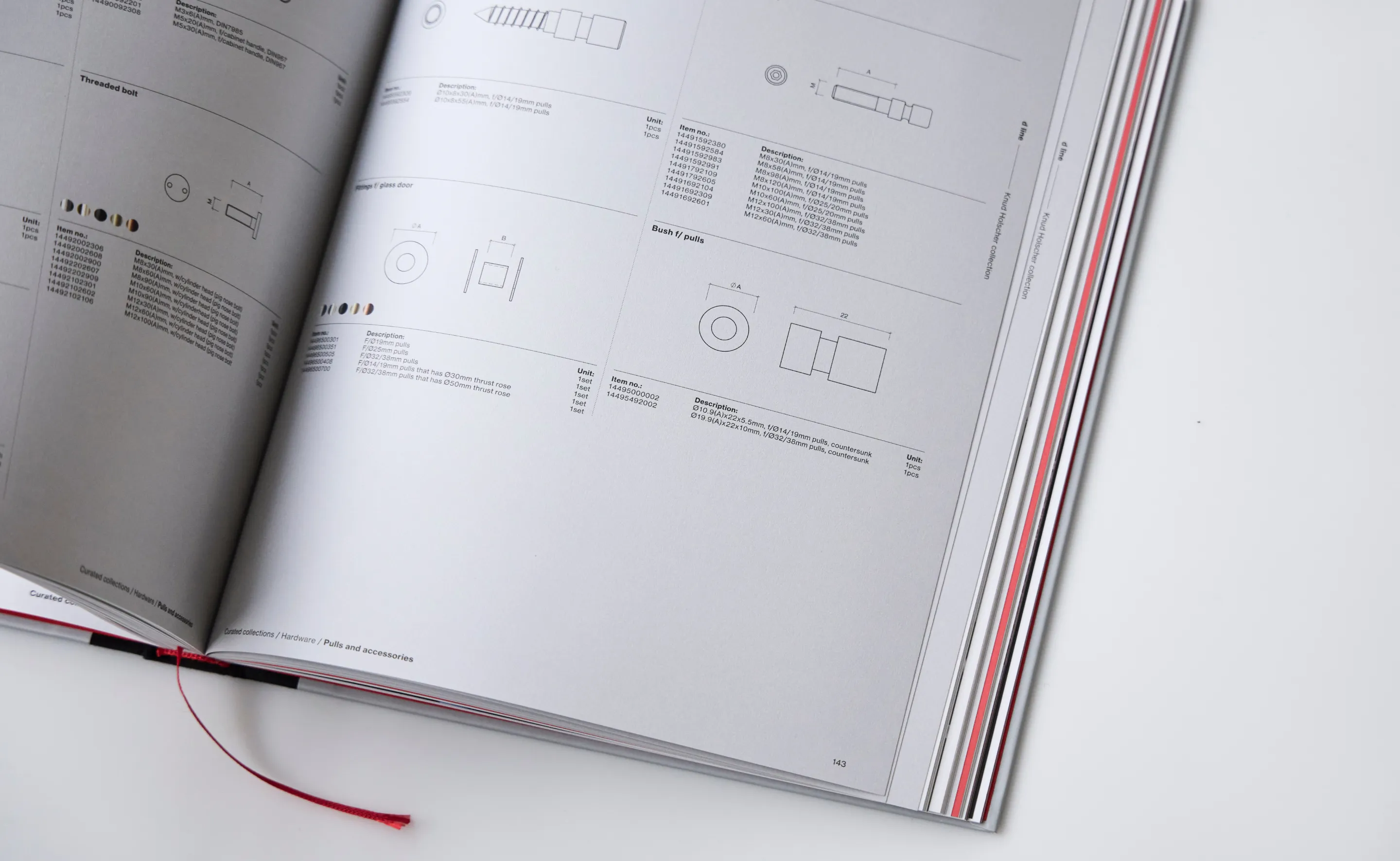 Open catalog showing technical drawings and descriptions of threaded bolts and hardware pulls with measurements.