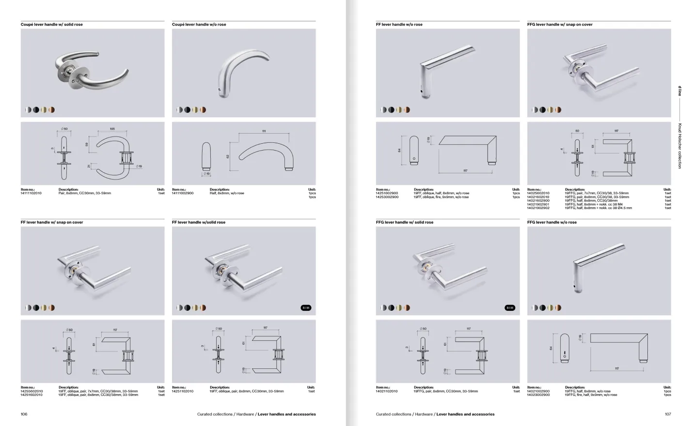 Catalogue pages displaying various chrome and metal lever door handles with technical drawings and specifications.