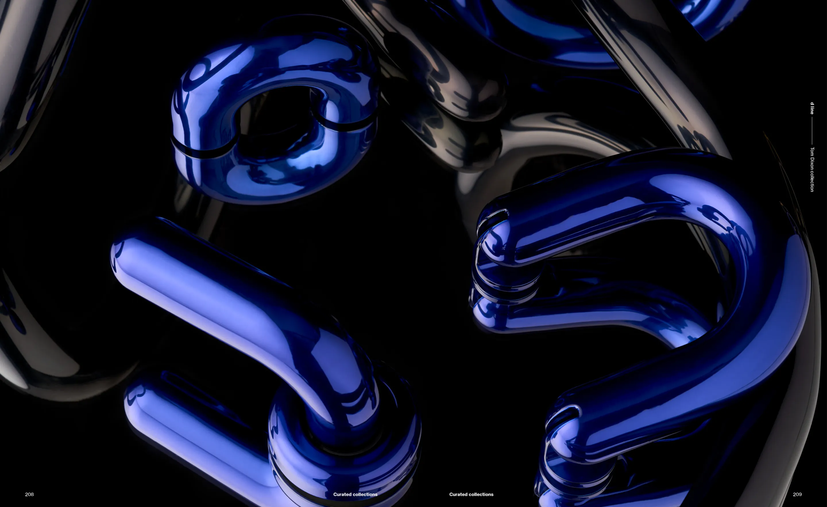 Glossy blue and silver metallic abstract curved tubes intertwined on a black background.