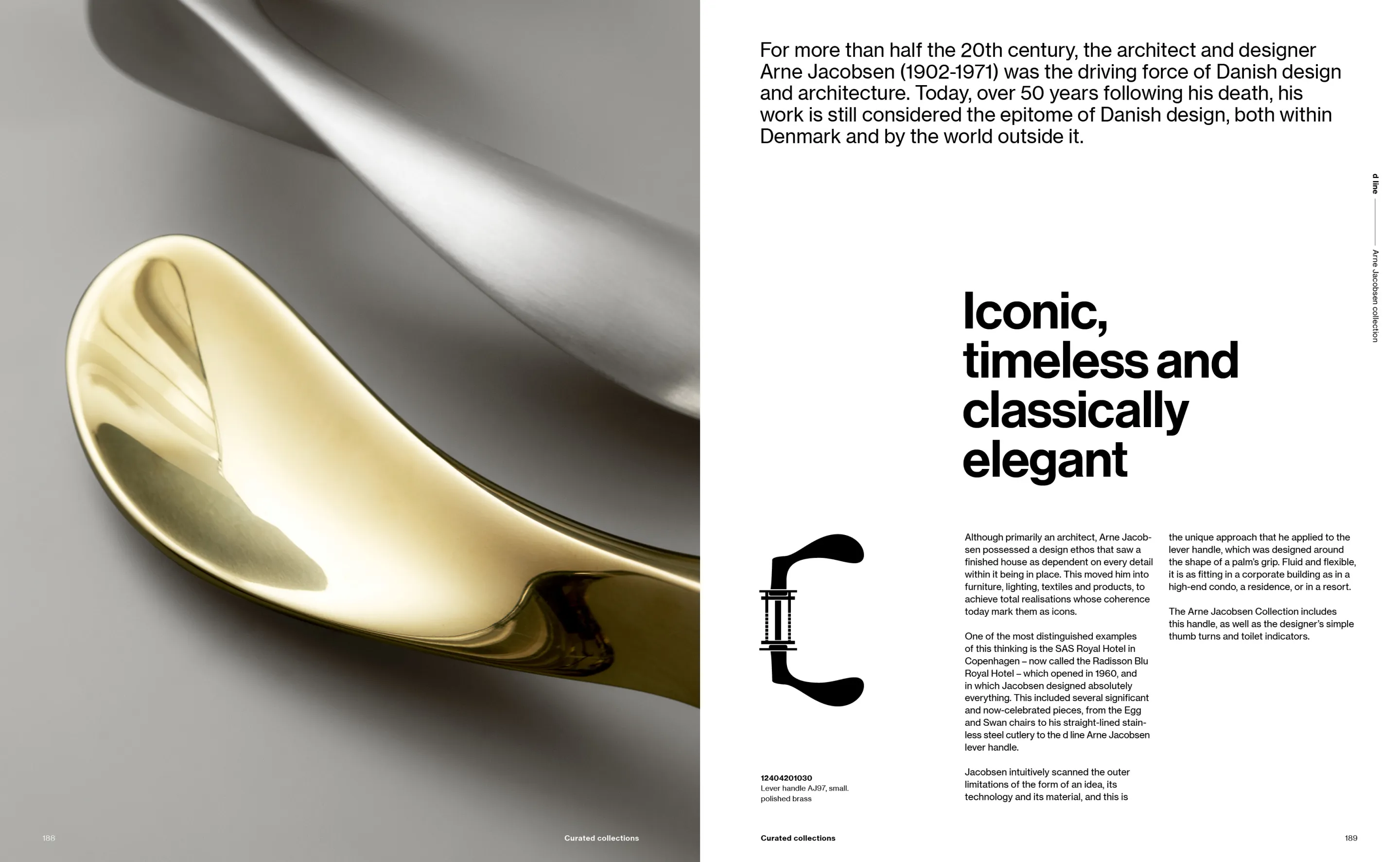 Close-up photo of a polished brass lever handle with curved ends, shown alongside text about Arne Jacobsen's iconic Danish design legacy.