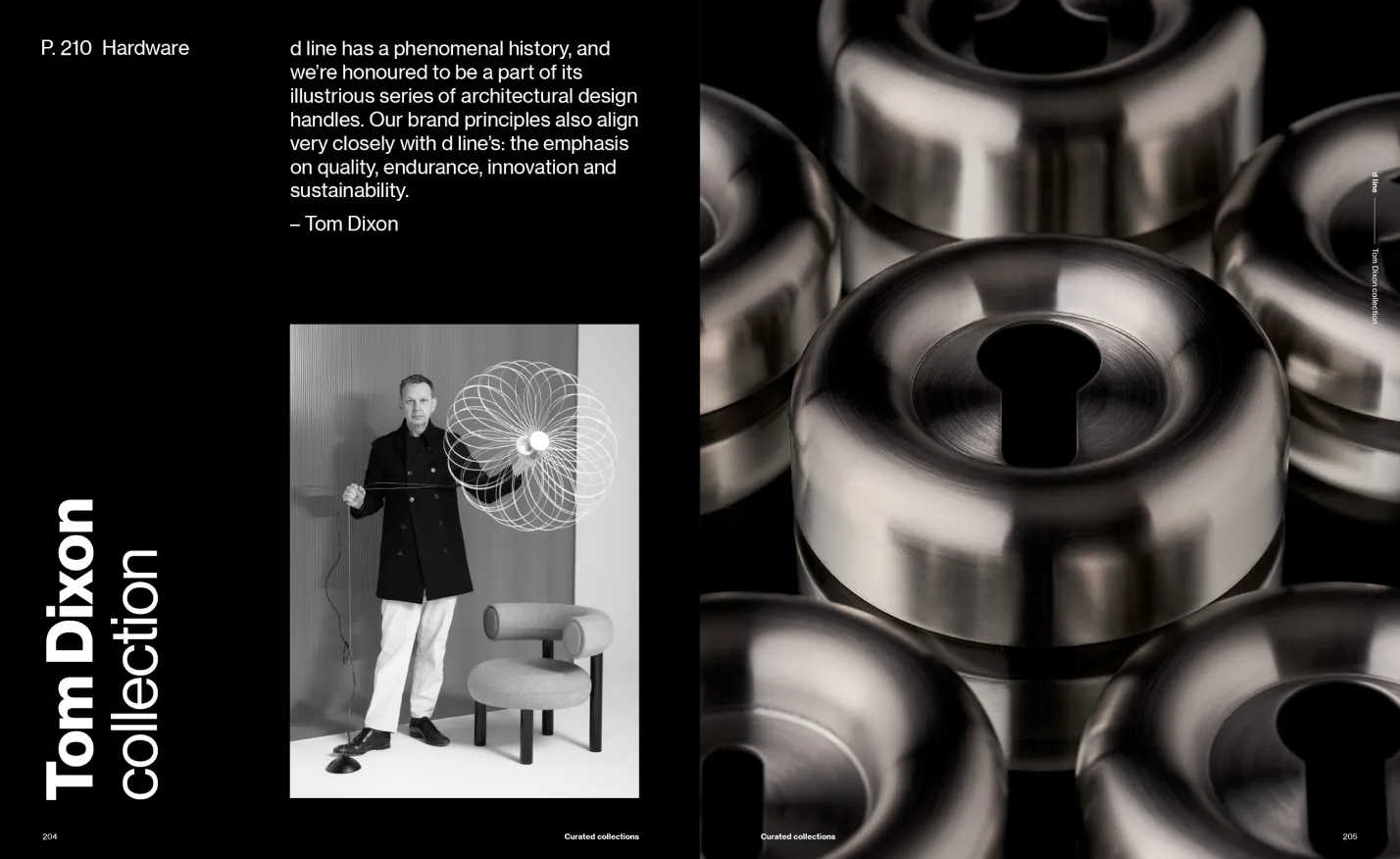 Right side shows close-up of metallic keyhole covers from the Tom Dixon collection. Left side features black-and-white photo of Tom Dixon standing next to a modern chair and holding a geometric wire lamp with descriptive text about d line hardware collection.
