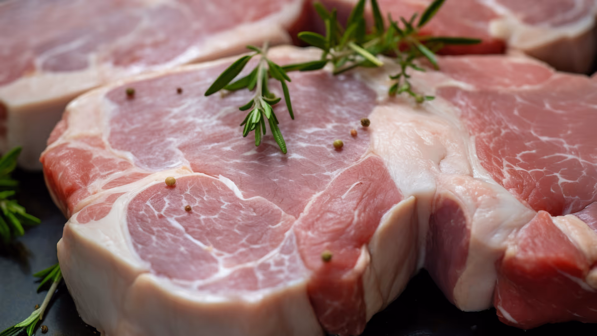 Saftiges Fleisch wird auf dunklen Platte mit Rosmarin