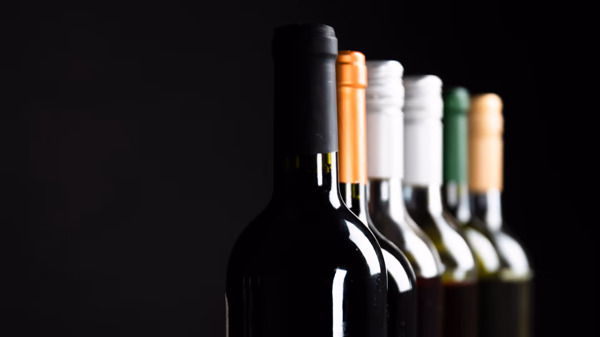 Dunkler Hintergrund und im Vordergrund sind Weinflaschen sichtbar die hintereinander stehen