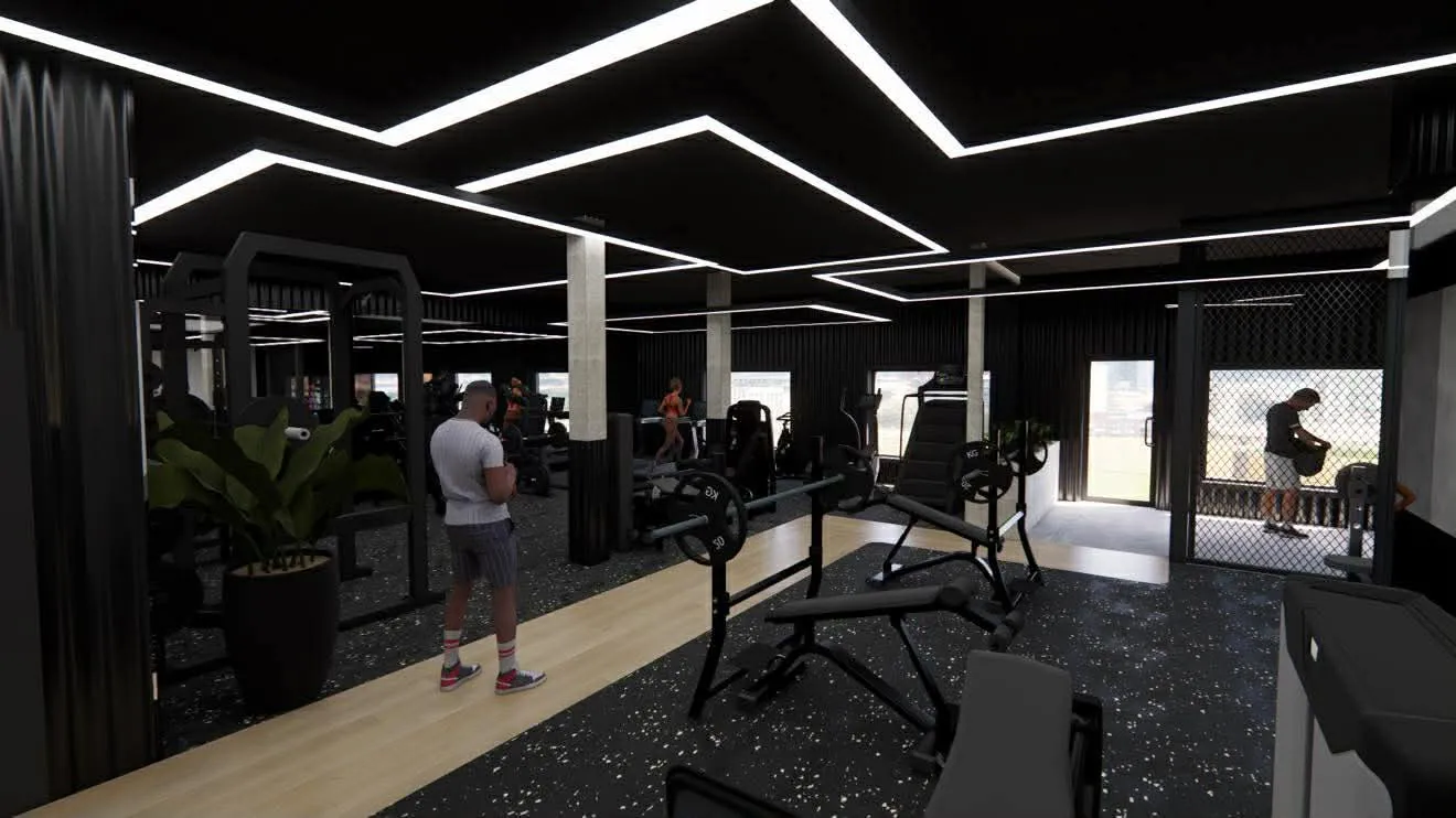 Intérieur d'une salle de sport moderne avec des équipements de musculation, un sol noir avec des éclats, un plafond noir avec des lumières LED blanches en forme de lignes géométriques, et des personnes s'entraînant.