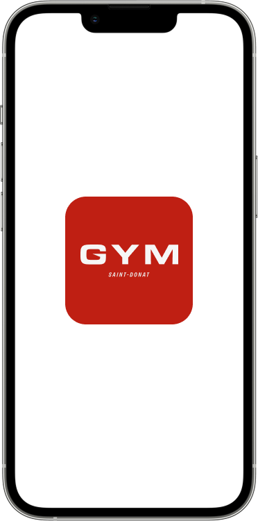 Icône d'application orange avec le texte blanc GYM Saint-Donat affichée sur l'écran d'un iPhone noir.