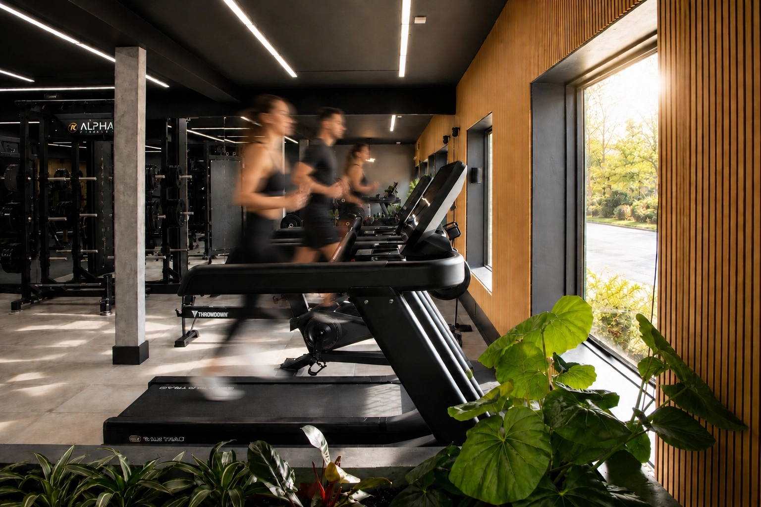 Salle de gym moderne avec équipement de musculation, tapis de course, et un utilisateur près d'une fontaine à eau.